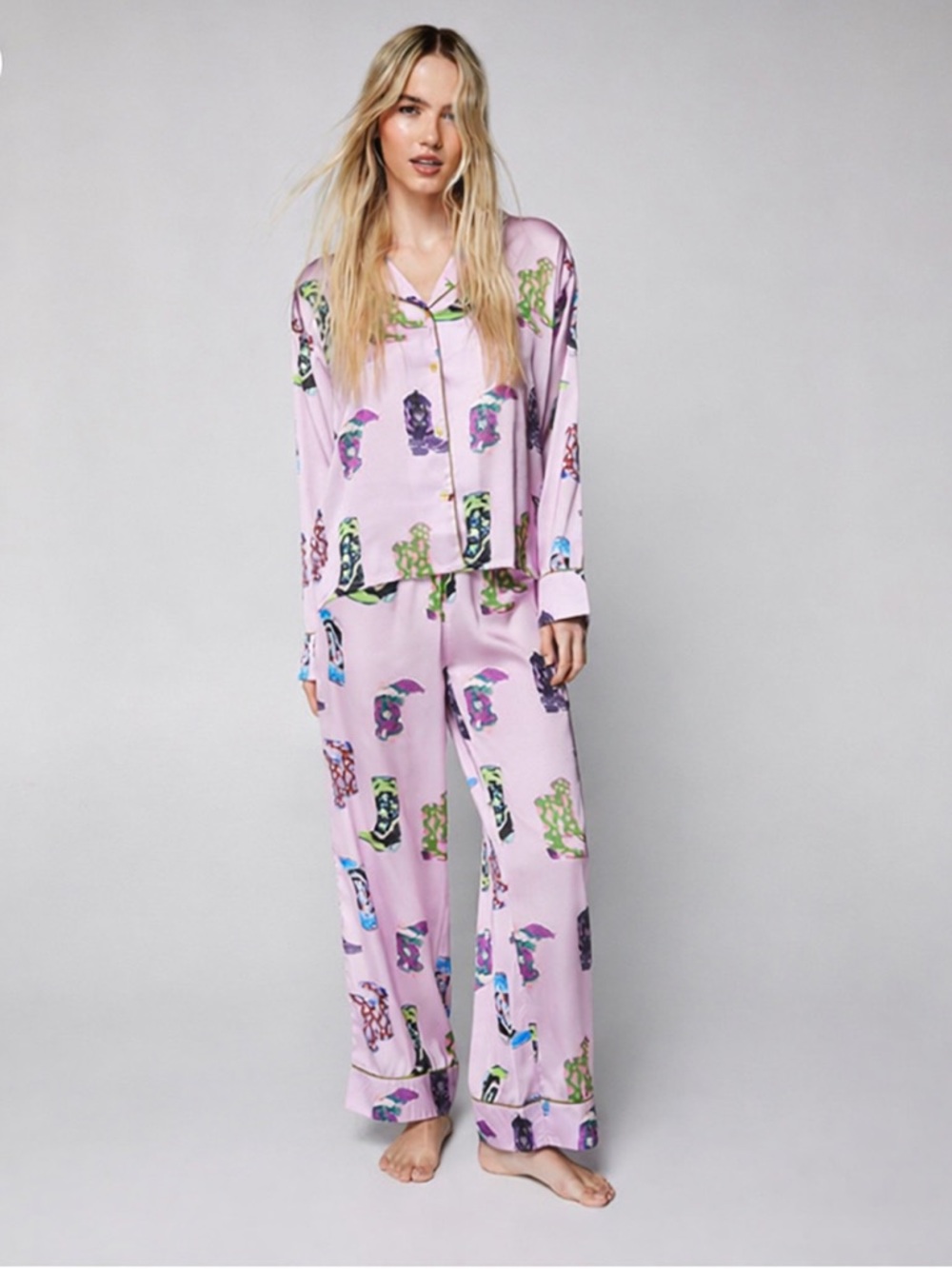 Nasty Gal satin cowboy boot printed pajamas set, size M, pink